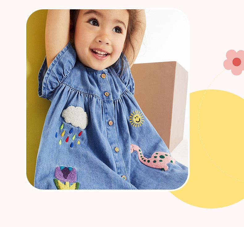 Little Maven Girls' Cartoon Appliqué Denim Dress - Short Sleeve Summer Style