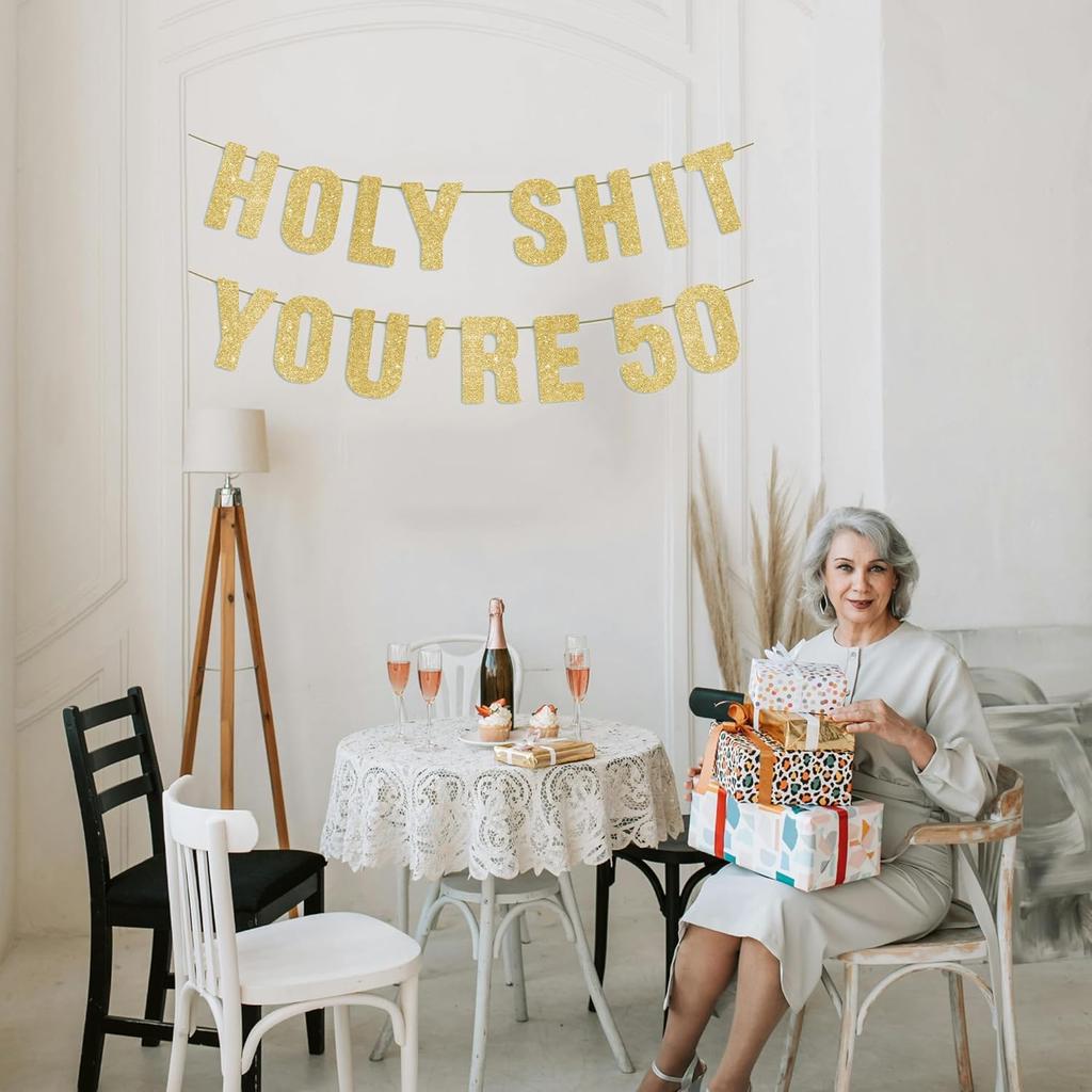 Pre-Strung 50th Party Gold Glitter Banner, Happy 50th Birthday Decorations for Men, Funny 50 Year Old Party Sign, 50th Birthday Decor for Women
