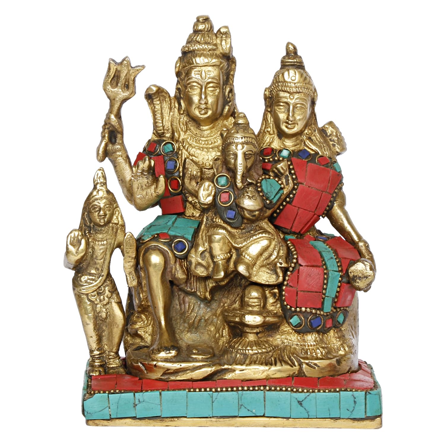 Pure Brass Lord Shiv Parivar Idol For Home Decor In Multicolor - 6 Inch
