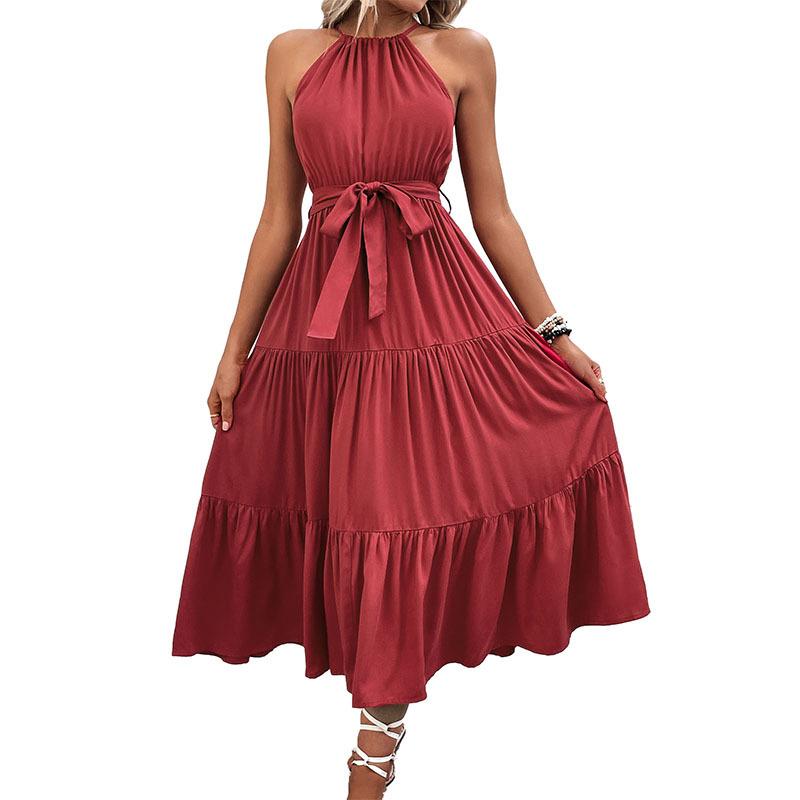 Summer personality elegant neck solid color dress medium and long
