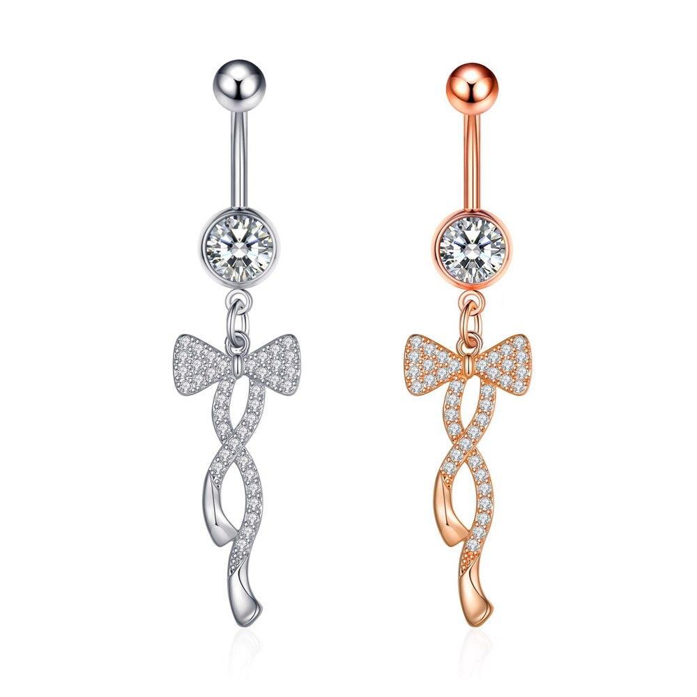 Bow Twist Navel Belly Ring 1.6*10mm Curved Barbell Dangled Belly Button Ring 14G Stainless Steel Zircon Crystal Body Piercing