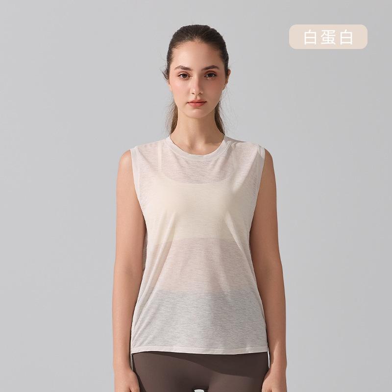 Summer blouse yoga clothes slub yarn loose hem drawstring sleeveless top running training wear light and quick drying S