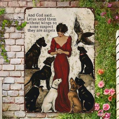 Vintage Metall Wandkunst für Tierliebhaber, Gott sprach Lasst uns sie ohne Flügel senden, Zitat mit Englischer Frau, Katze Und Hund, Café