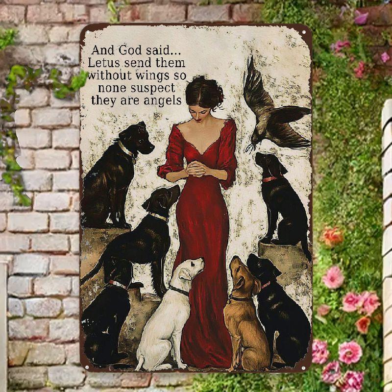Vintage Metal Wall Art for Pet Lovers, God Said Let Us Send Them Without Wings, Quote with Angelic Woman, Cat And Dog, Cafe