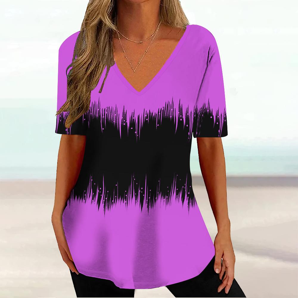 Summer V-neck 3D Geometric Striped Printed Top Fashionable Casual Short Sleeved Women's T-shirts