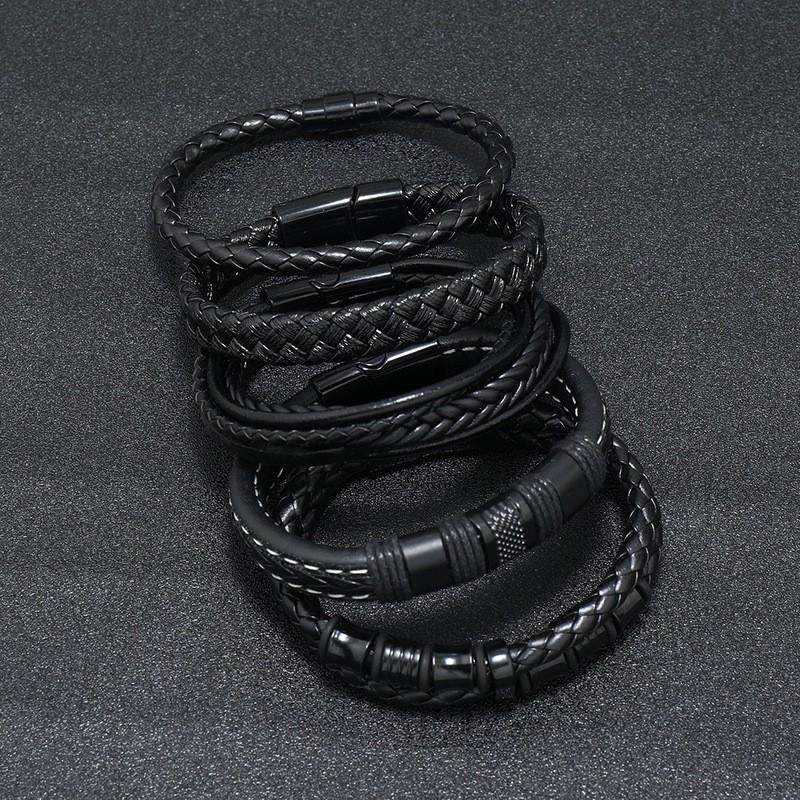 Mens Leather Braided Magnetic Multi-Layer Bracelet Set Geometric Style Unisex Handmade Jewelry