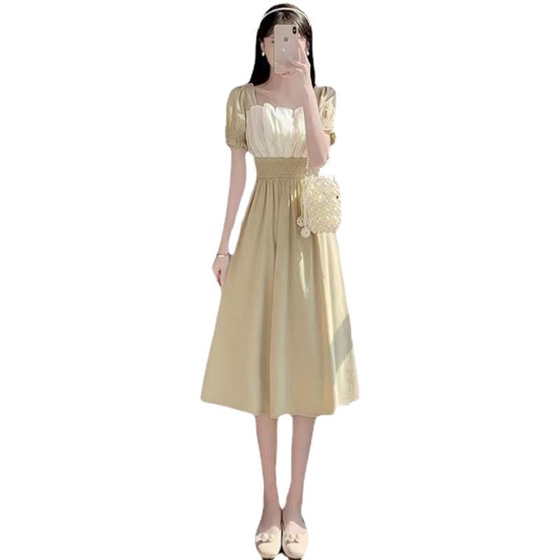 Damen Sommer Französisch Inspiriertes Schlankmachendes Taillenlanges Kleid