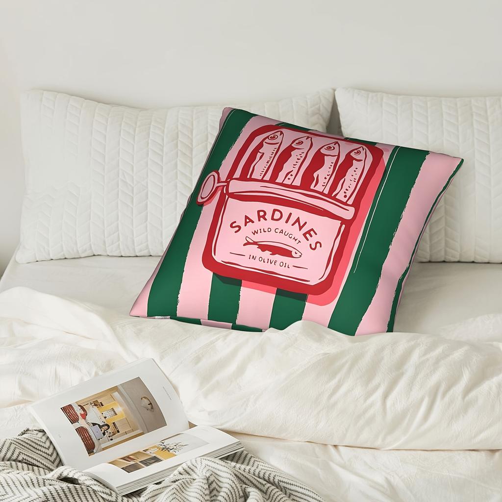 1pc Sardines Wild Caught In Olive Oil Retro Decorative Cushion Cover, Vibrant Pink & Green Striped Design, 100% Polyester