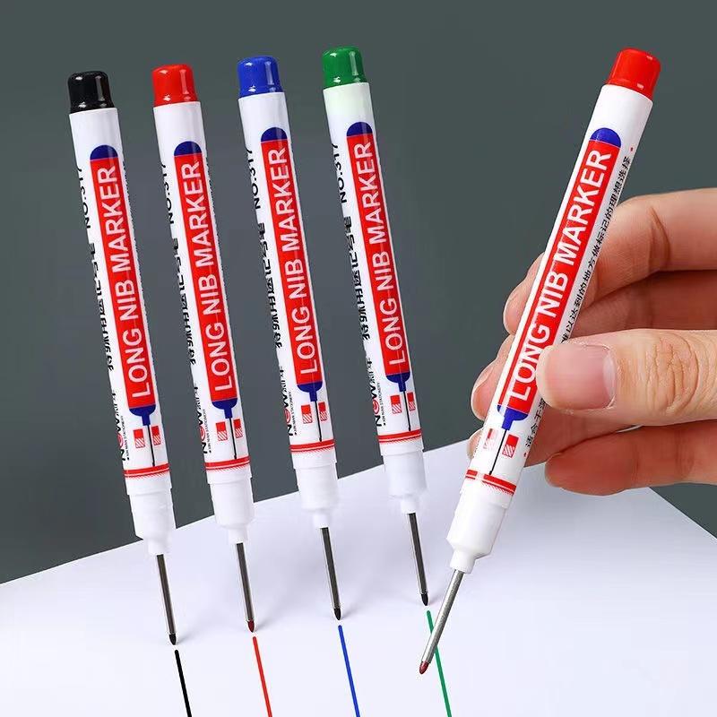 4Pcs Long Head Markers Pen Bathroom Woodworking Decoration Multifunction Deep Hole Marker Pens Pen Red Black Blue Ink