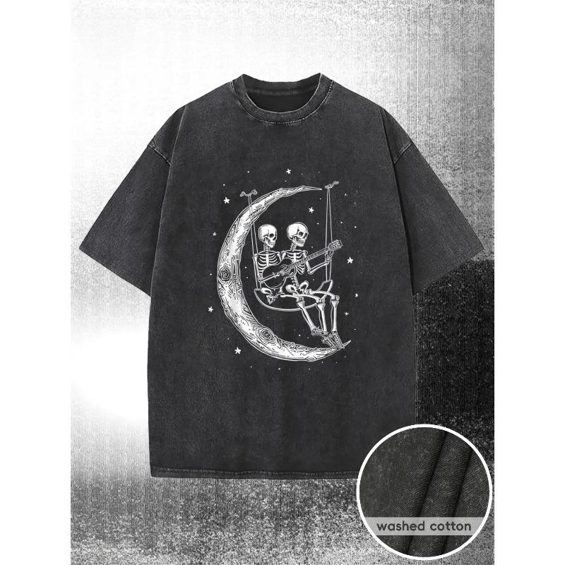 

European sizes Men s T-Shirt, Skull Couple Moon Swing Rock Print, High-quality Wax Printed Cotton, with a Certain Thickness Suitable for Summer S чёрный