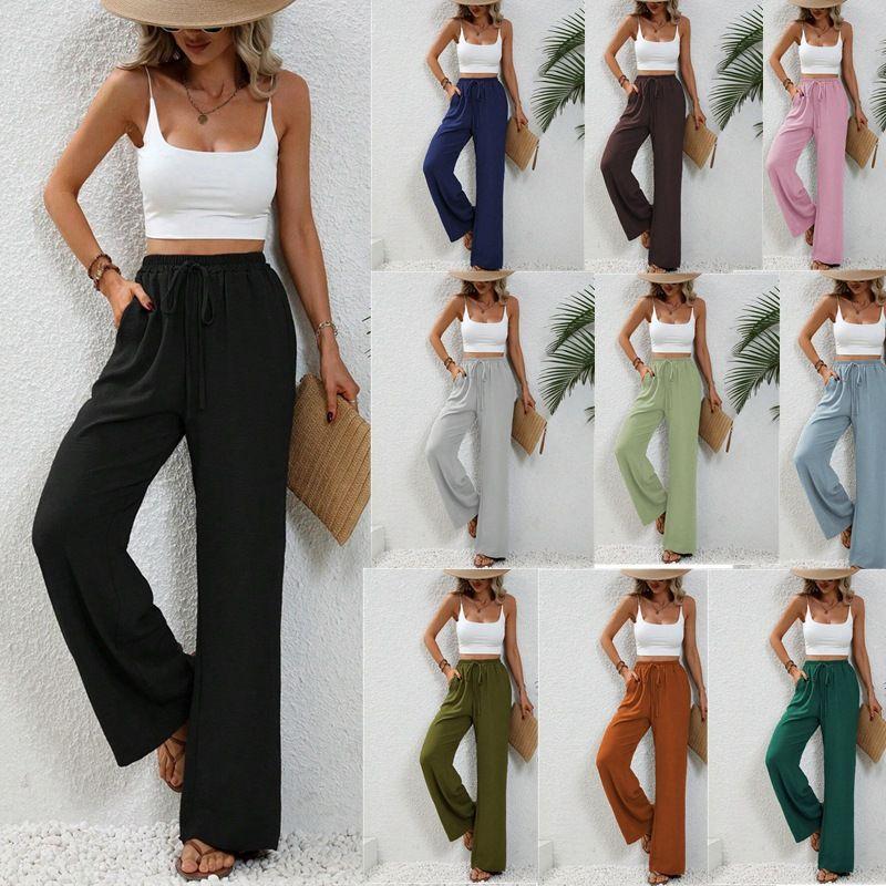 

2025 Solid Color Floor Length Wide Leg Casual Pants Dark Blue S