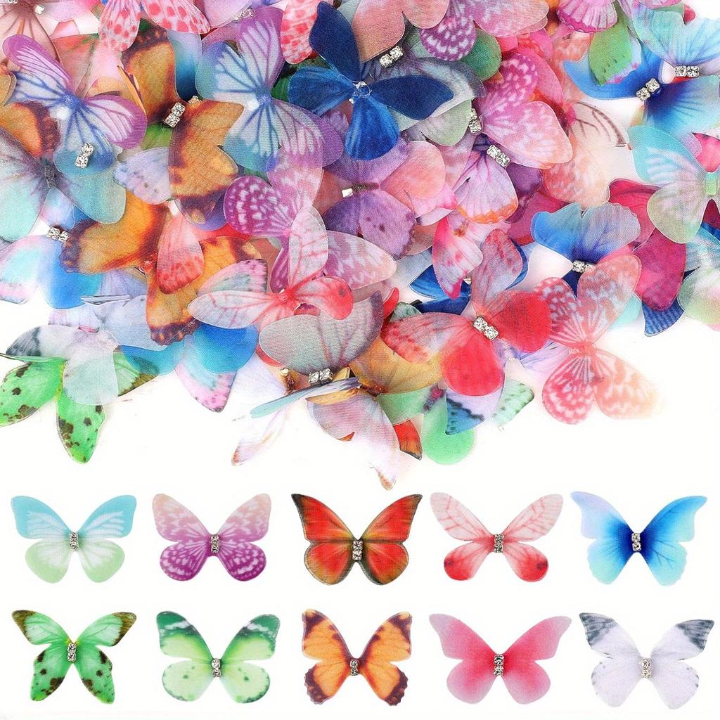 100PCS Beautiful Mini Butterflies for Crafts, Heads Organza Butterfly Set, Butterflies for Crafts, Fabric Butterfly Hair Clips Appliques