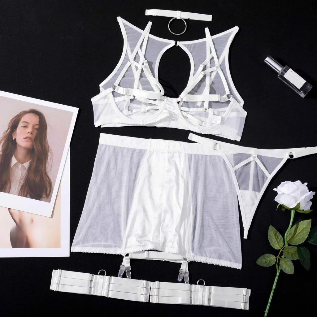 Sexy Lingerie Sets 5Pcs Mesh Hollow Out Transparent Bra Garters Briefs Bandage Sex Outfits Erotic Underwear