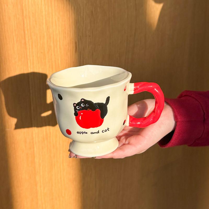 Cute cat apple ceramic mug as a gift, couple drinking cup for girls' birthday gift gift gift box