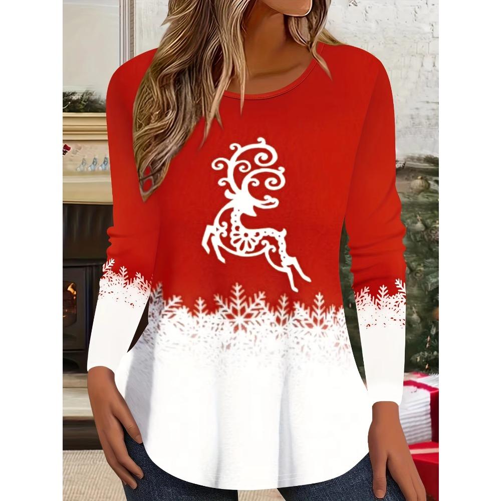 T-shirt Femme Manches Longues Col Rond Impression 3D Thème Noël Mode Confortable Respirant Doux Décontracté Ample Polyvalent