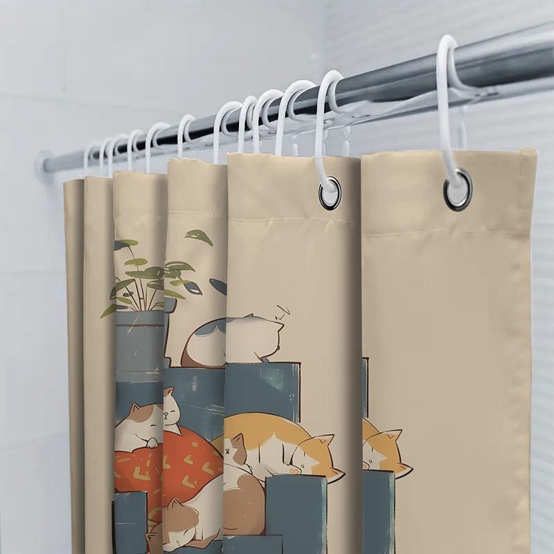 Cute Cat Shower Curtain For Bathroom Decor - Creative Illustration Of Lazy Cats On Sofa Waterproof Polyester Rustproof Hooks