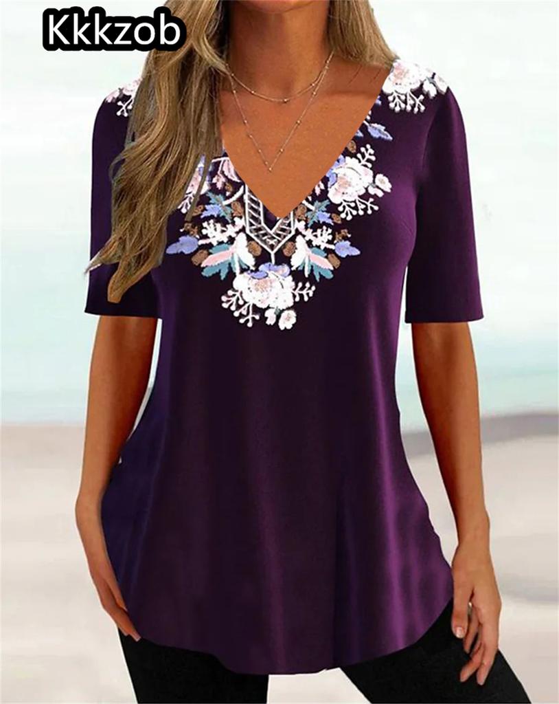 Modny T-shirt z nadrukiem kwiatów 2025 Damski z krótkim rękawem Bluzki Casualowy T-shirt z dekoltem w serek Lato Damska odzież uliczna Oversize Damski pulower