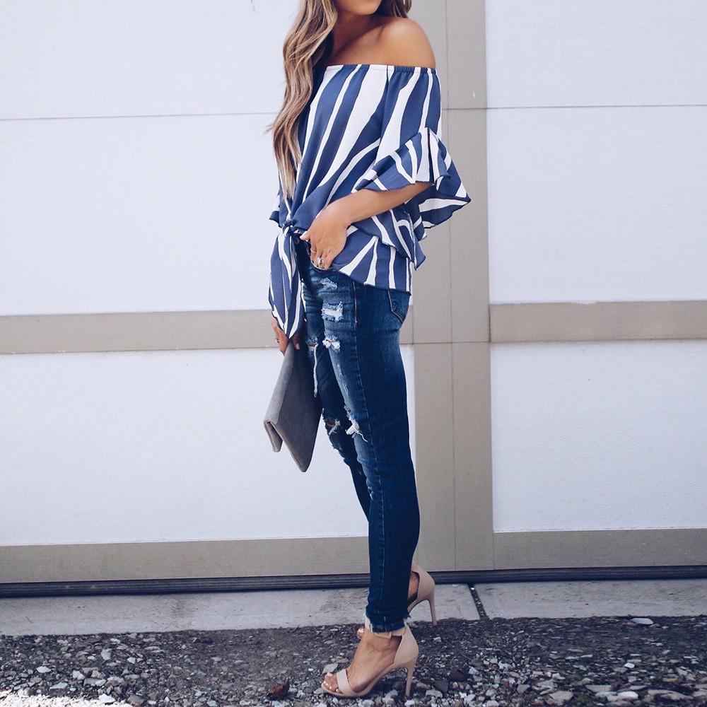 Women Striped Off Shoulder Waist Tie Blouse Short Sleeve Casual T Shirts Tops