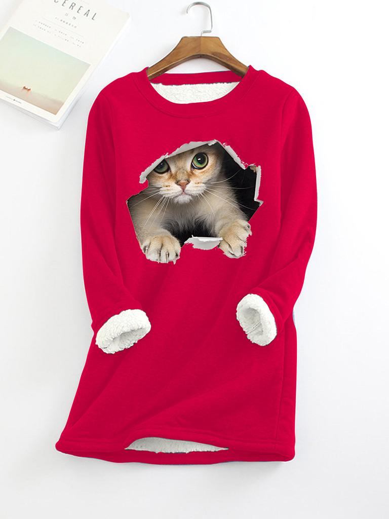 Autumn and Winter New Plus Size Fashionable Round Neck Pullover Cat Long Sleeved Plus Plush Thick Women's Bottoming Shirt Top
