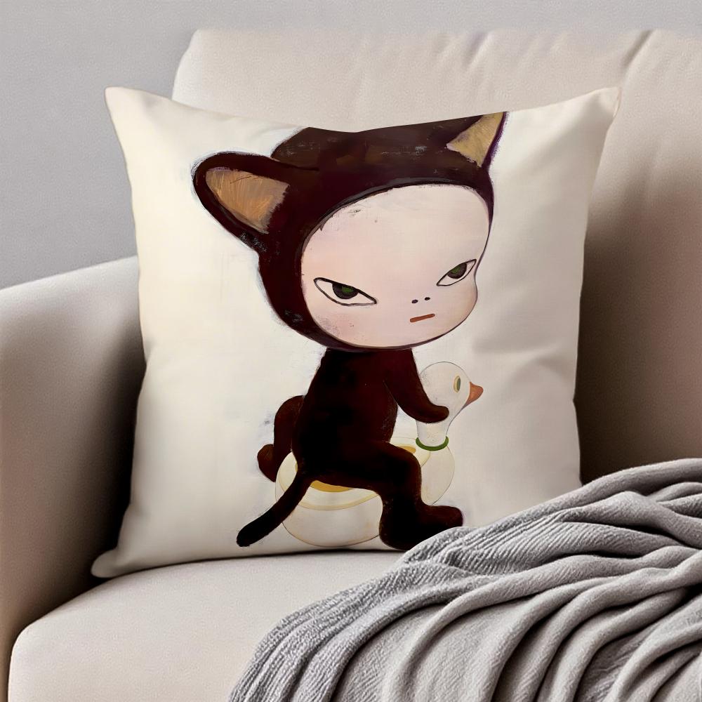 Whimsical Cute Japanese Art YYoshitomo Nara Cushion Cover Pillowcase Antidustmite Invisible Zipper Short Plush Sofa Cushion