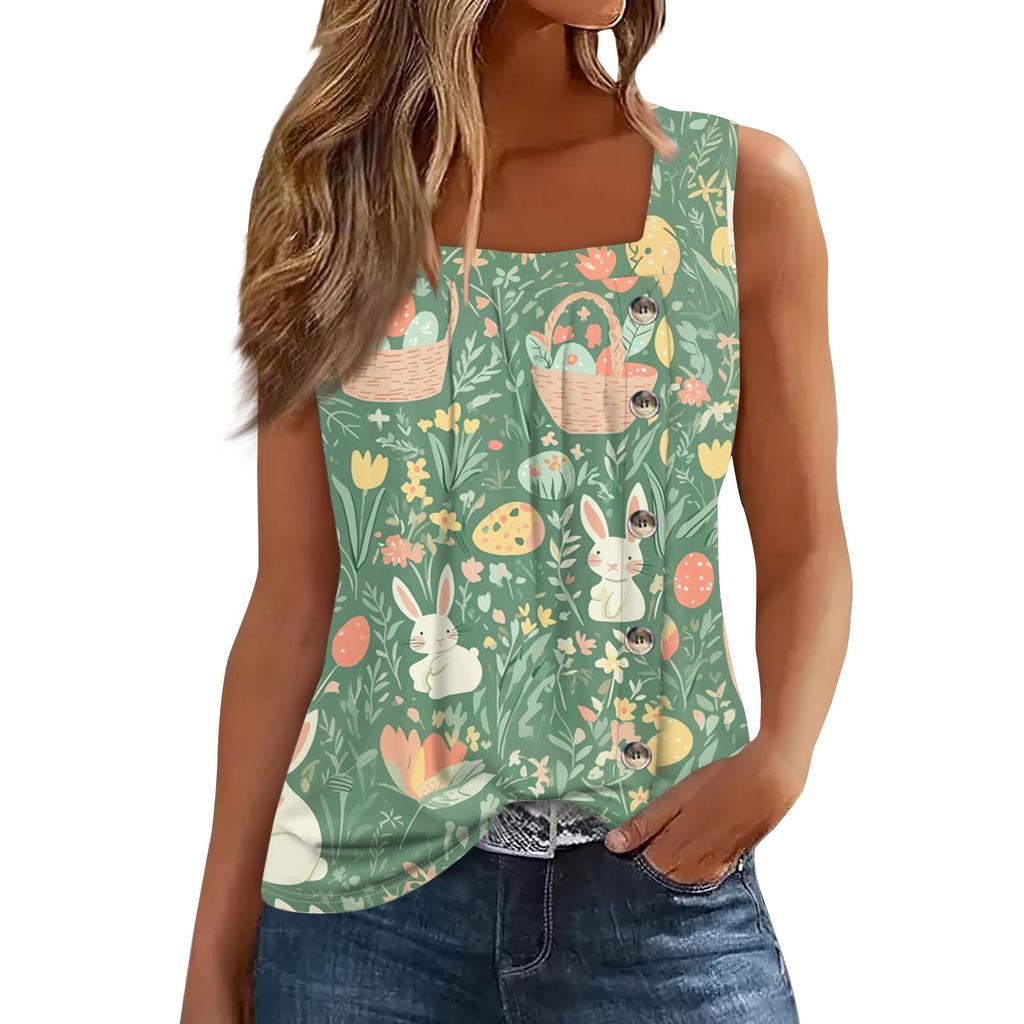 Women's Fashion Casual Basic Pleated Plain Button Square Collar Sleeveless Vest Print Summer Tank Tops
