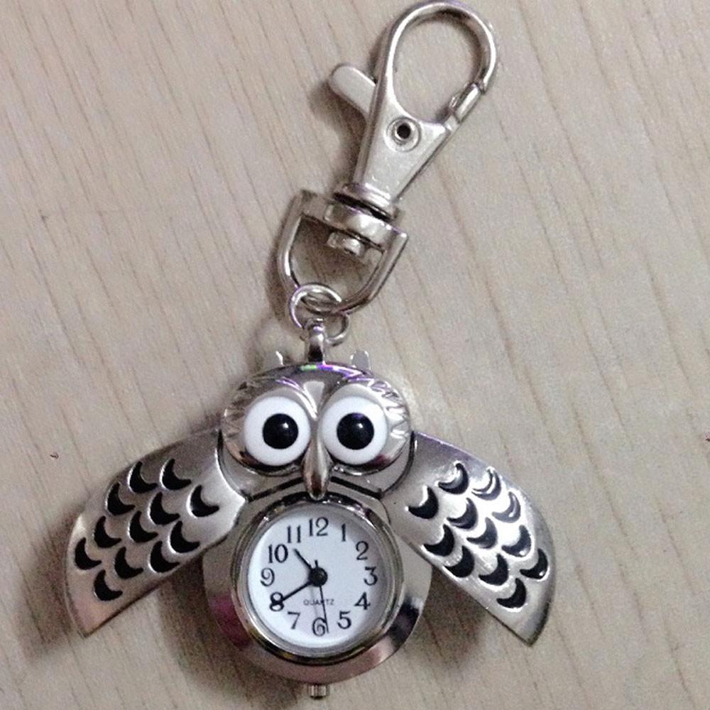 New Fashion Cute Flip Style Small Owl Necklace Hanging Watch Keychain Cartoon Pocket Watch On Chain Pendant Birthday Gifts