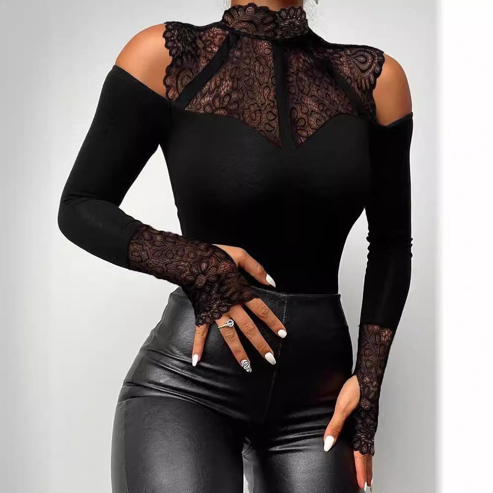 Dámský body s vysokým límcem a dlouhým rukávem, úzký střih, odhalená ramena, patchwork krajky, jarní elegantní top