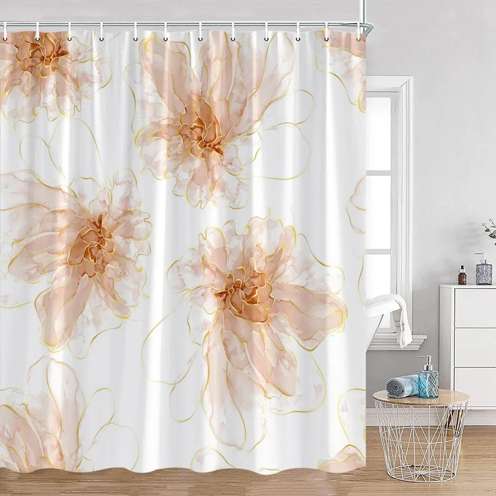 Simple Style Flower and Leaf Shower Curtain Golden Line Abstract Bathroom Decoration Modern Polyester Fabric Shower Curtain