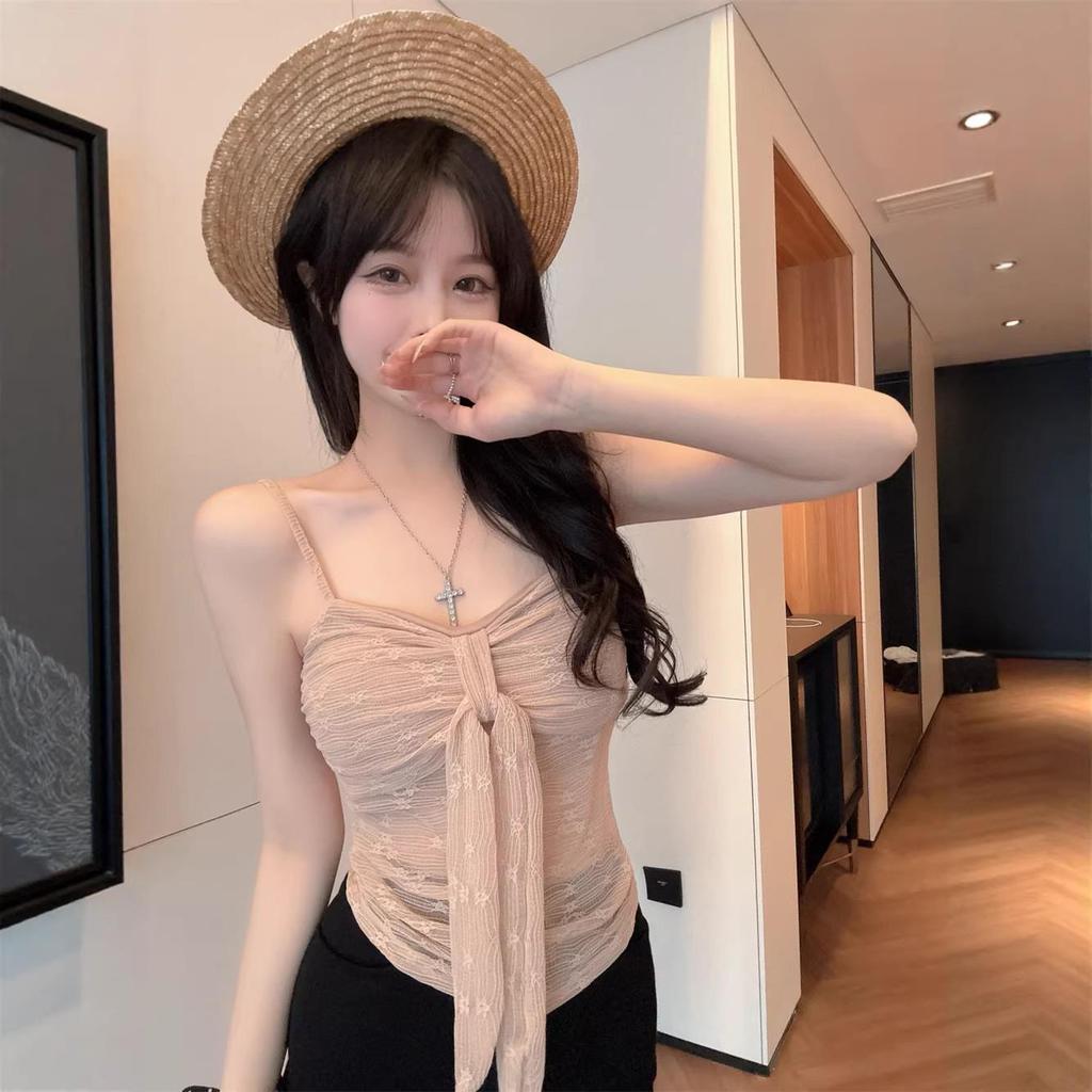 Sexy Lace Bandeau Tank Top - Women's Summer 2026 Style, Slightly See-Through, Bow Tie & Lace-Up Design
