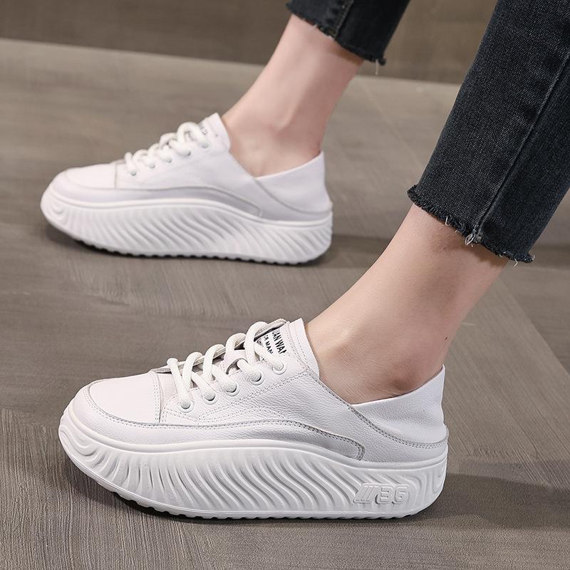 Genuine Leather Women Flat Casual Shoes Thick Sole Cow Leather Brand Laides White Shoes