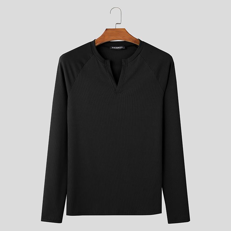 INCERUN Men V Neck Long Sleeve Rib Casual Skinny Tops T-shirts Undershirts