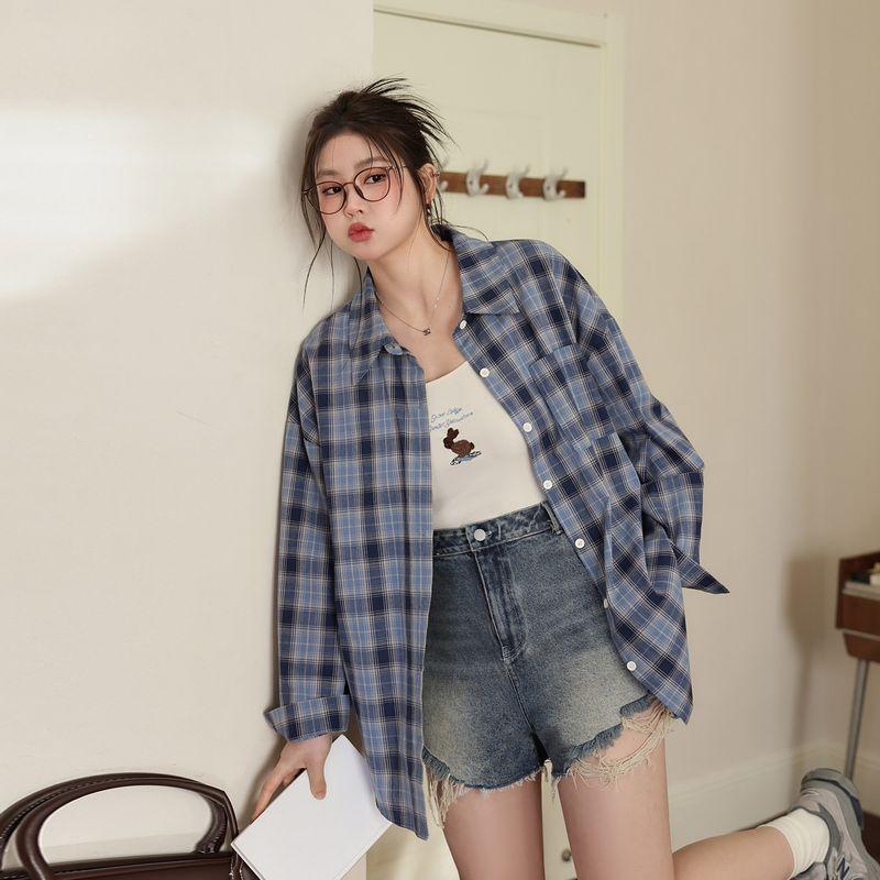 

Zhang Ren Fat Sister mm Plaid Denim Shorts Shirt Plaid Shirt(In Stock) L