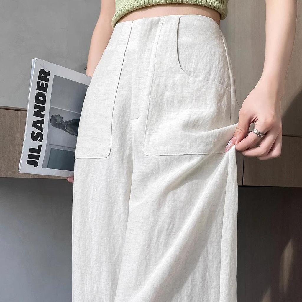 Women's High-Waist Tencel Cotton Linen Wide-Leg Pants - Summer Thin, Floor-Length, Straight Casual Design