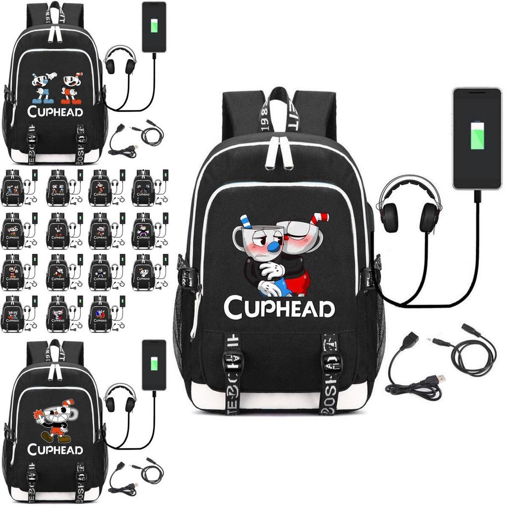 Stilvoller Cuphead Rucksack mit USB-Ladeanschluss für Kinder und Jungen für den Schulgebrauch