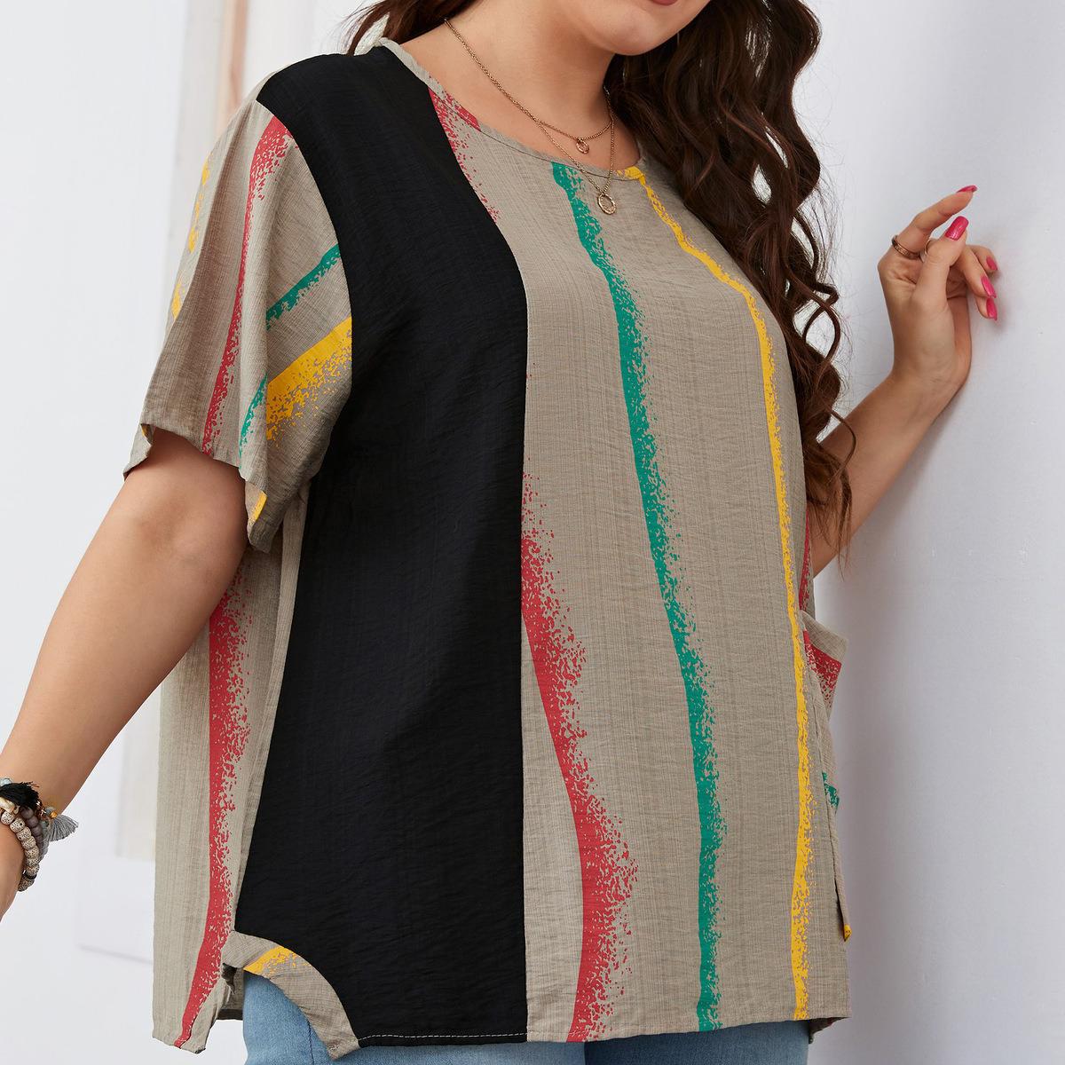 Женская летняя модная рубашка в полоску с принтом в стиле пэчворк и карманами — фото 6