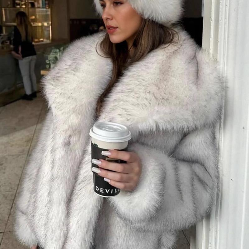 New Autumn and Winter Women's Large Lapel Imitation Fur Warm Coat Imitation Fox Plush Coat Tops
