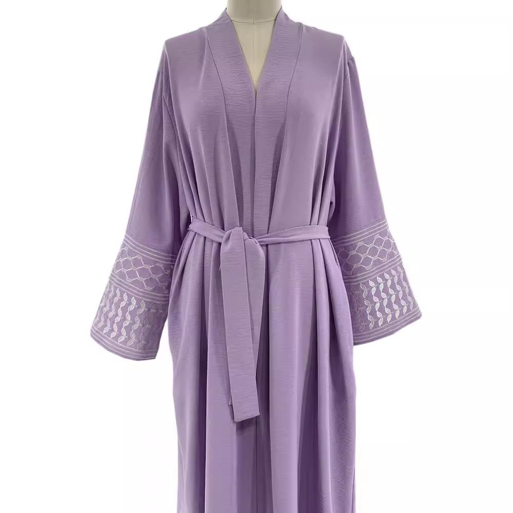 Elegant Embroidered Middle Eastern Muslim Tie-Up Cardigan Dress with Pockets