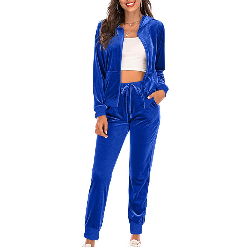 Set de 2 piese casual la modă pentru femei, cu mânecă lungă - Set de culori: Costum cu glugă și buzunare, croială slim