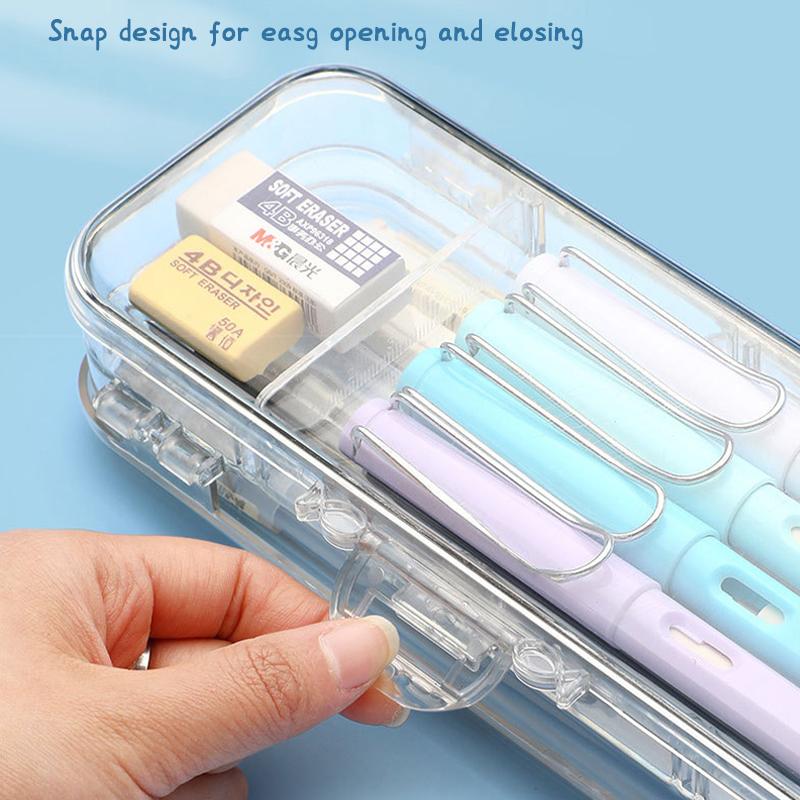 Kawaii Transparent Pencil Case Double Layer Multifunction Kids Pen Stationery