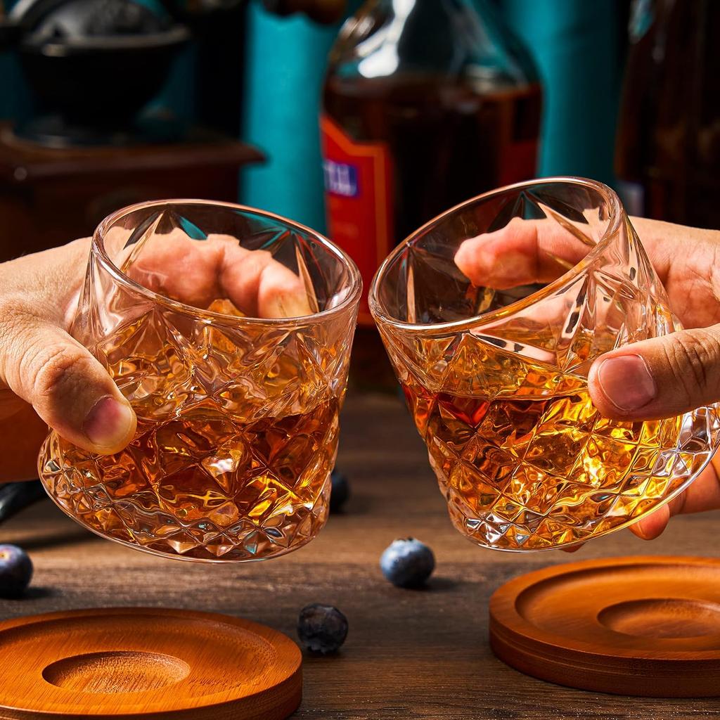 Crystal Whiskey Cup Set with Bamboo Coaster Gift Box Transparent  2 Pack 10 oz