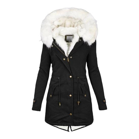 Abrigo de invierno de algodón para mujer, talla grande, capucha de piel sintética, forro polar, cremallera y botón a presión.