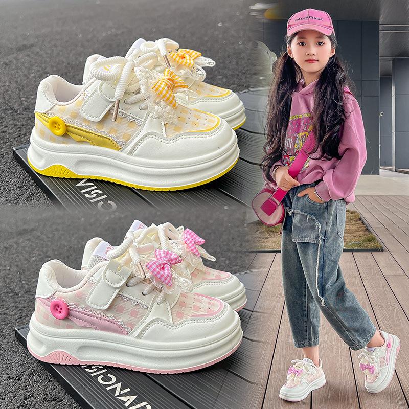 Girls Plaid Sneakers 2025 Spring and Autumn New Children's Bow Fashion Board Shoes Medium and Large Children's Girls Casual Shoes
