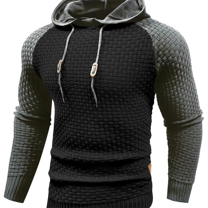 2025 Men's Color Block Plaid Slim Fit Hoodie - Casual Long Sleeve Knit Pullover
