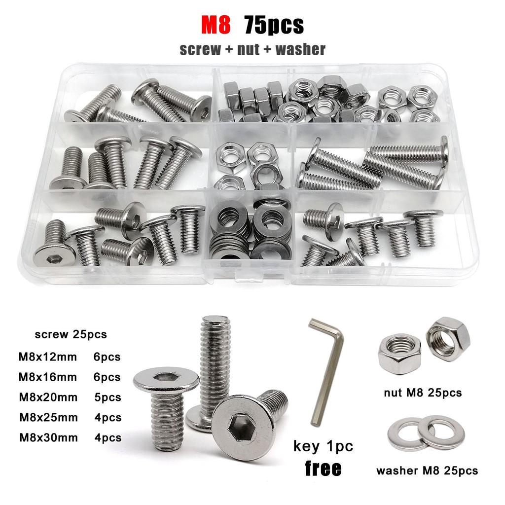 1 Kasten M1.6 M2 M2.5 M3 M4 M5 M6 M8 304 Edelstahl CM Sechskant Innensechskant Ultraflach Linsenkopf Schraube Bolzen Mutter Set Kit
