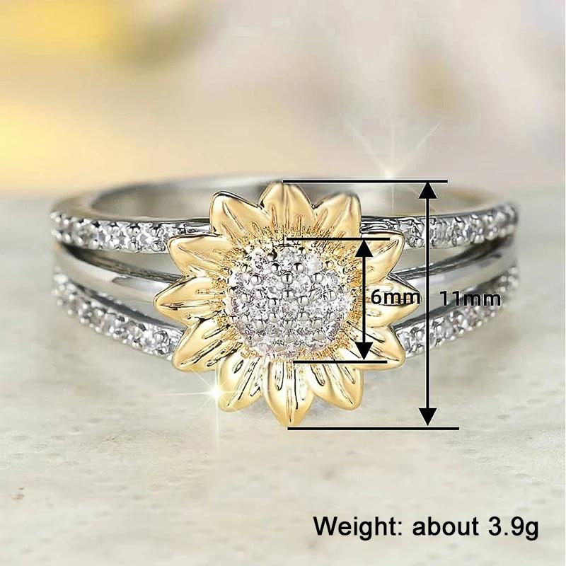 Fresh Style Sunflower Two Tone Ring for Women Party Holiday with Shiny CZ Woodland Accessories Daily Gentle Jewelry Gift