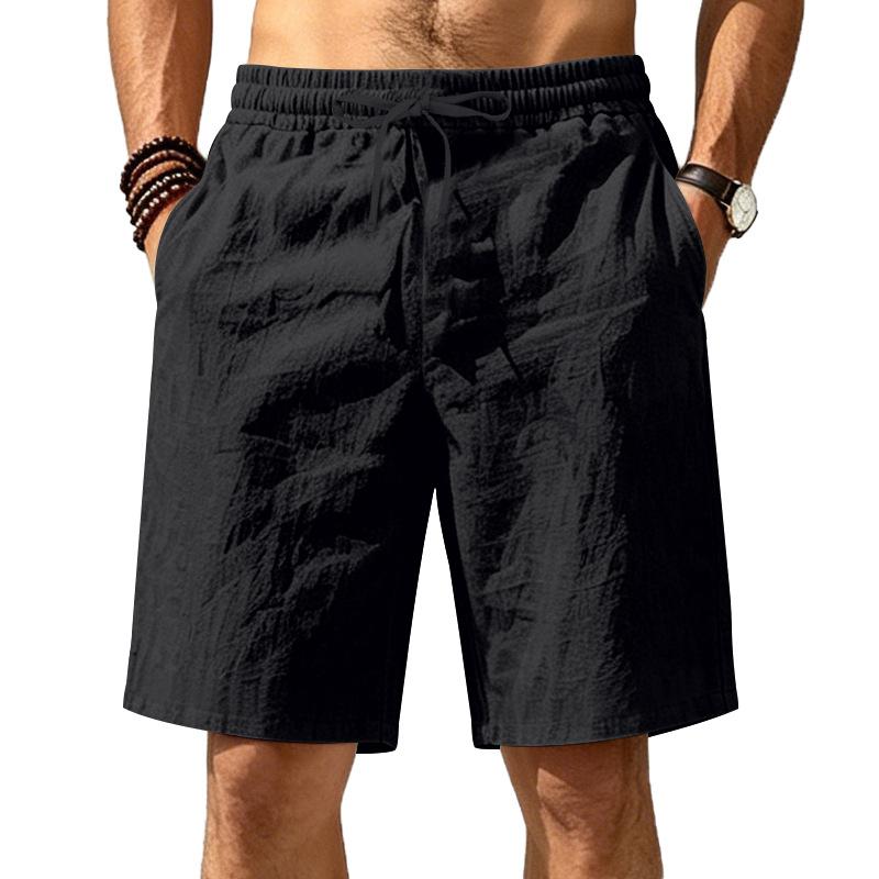 Summer Loose Linen Breathable Casual Sports Simple Solid Color Drawstring Vacation Beach Five Quarter Shorts