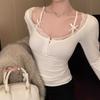 Elegant Lace Splicing Bottom Shirt Women's Autumn and Winter Knitted Long Sleeve Blouse Buttons Sweet Slim Fit Short Top Fashion Solid Color Clothing
