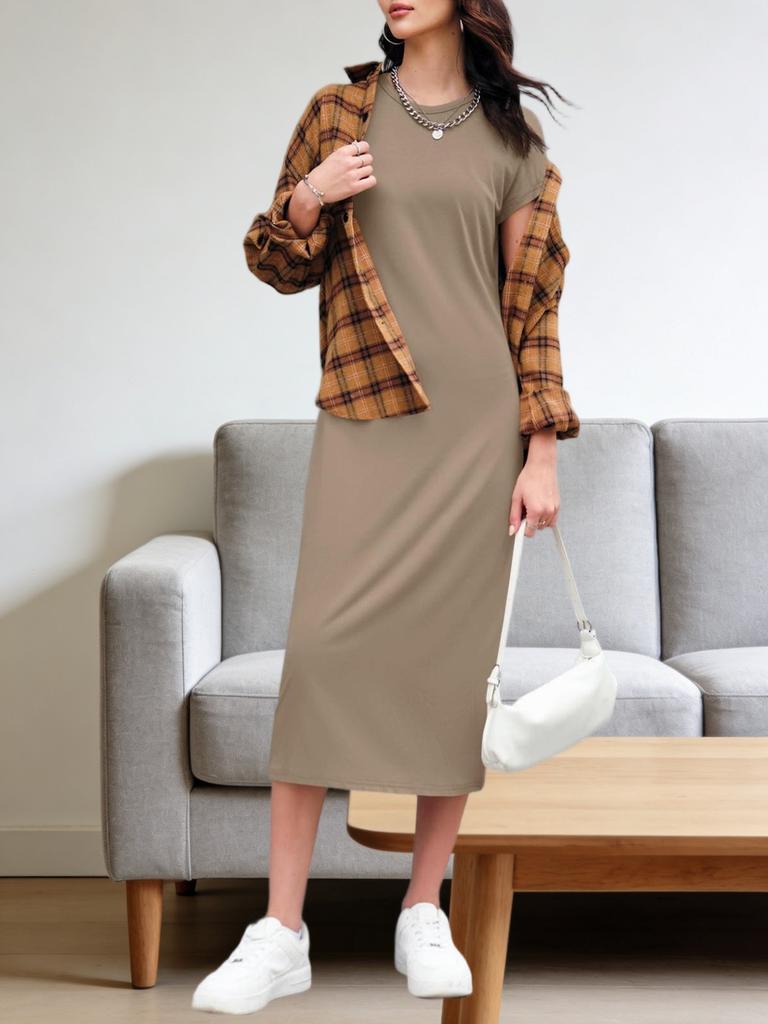 Damen Unifarbenes T-Shirt-Kleid Kurzarm Rundhalsausschnitt Locker Midi Sommerkleid