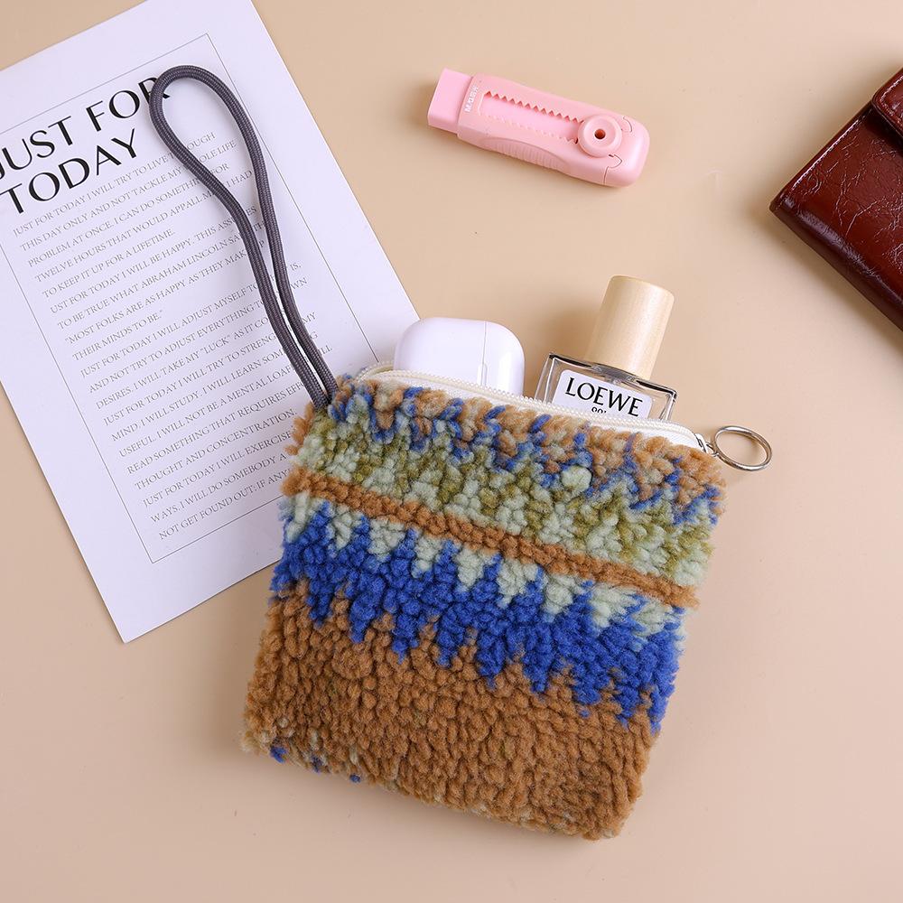 Winter Plush Wallet Zipper Coin Purse Women's Lamb Wool Clutch Bag with Rope Children Cute Purse Card Bag Key Earphone Pouch