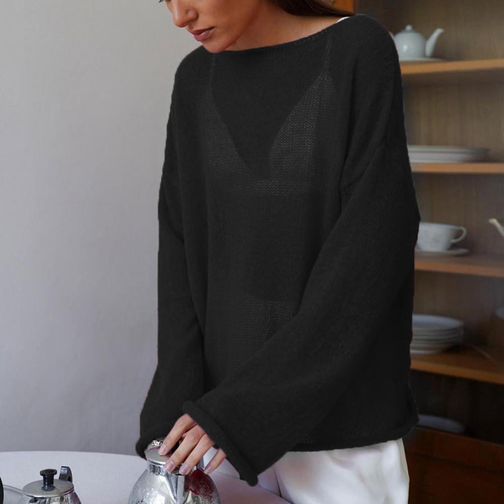 

Ажурная трикотажная рубашка весна/лето женская перспектива тонкая большая круглая горловина рукав труба трикотажная футболка S чёрный